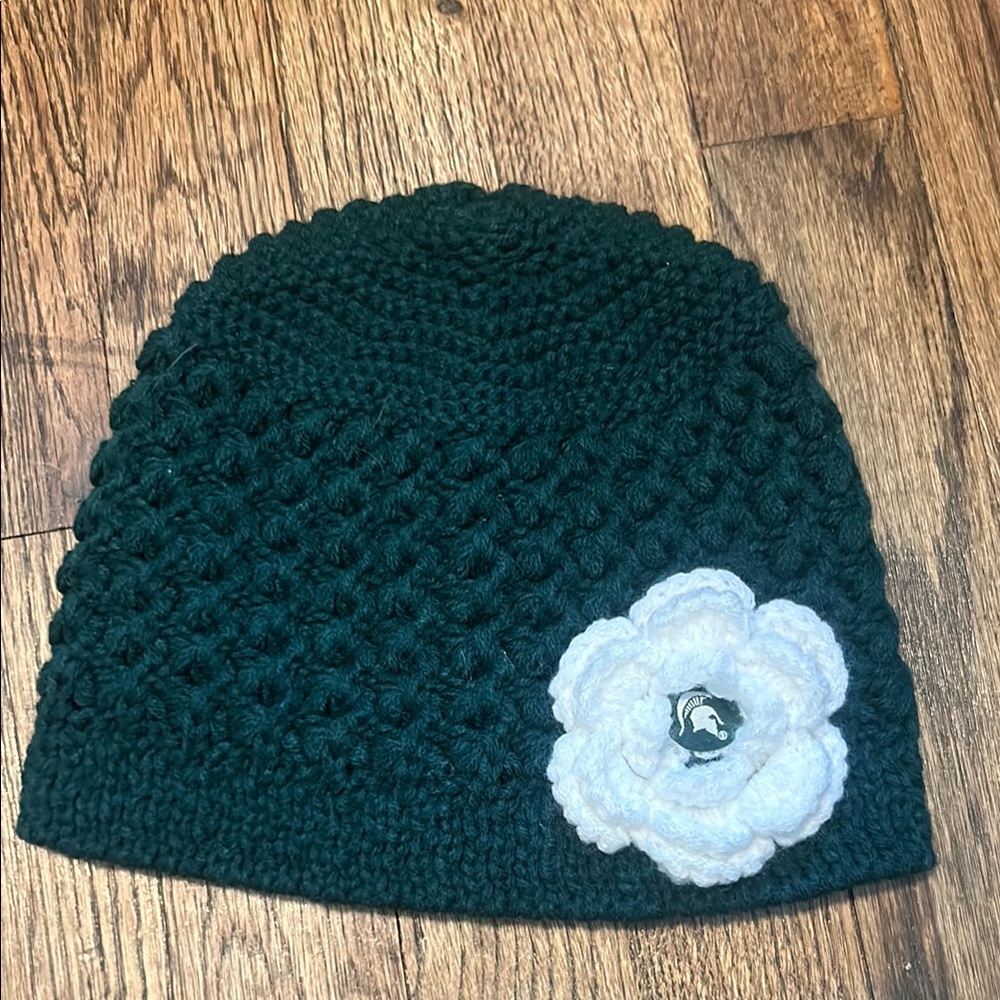 Green Knit Beanie with White Flower and MSU Logo